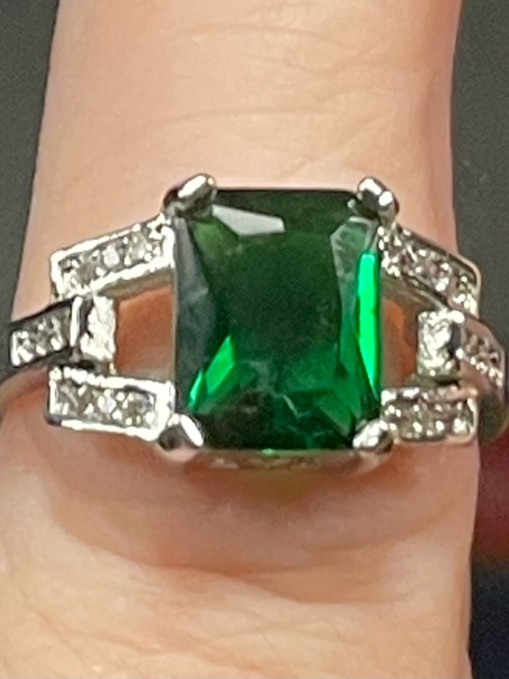 Lab-Created Genuine Cushion-Cut Emerald Ring with Pave Accents Set in Sterling